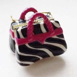 New Miniature Zebra Print Purse Ornament & Trinket Box in Green Velvet Pouch